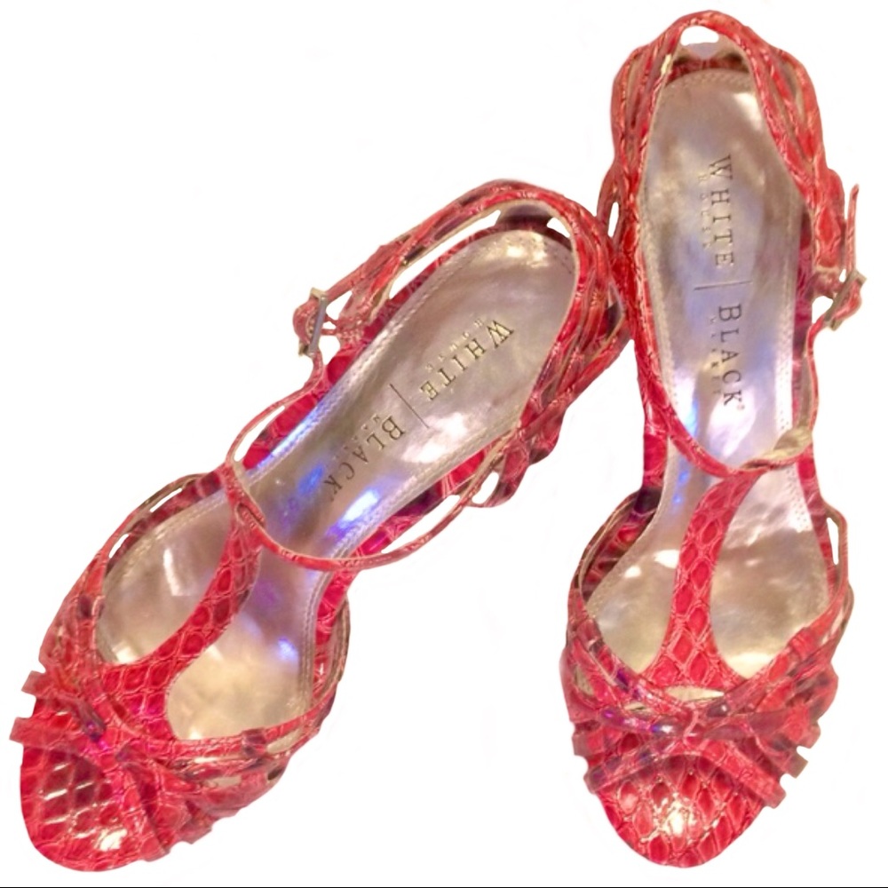 🔥👠WHBM Red Snake print strappy heels! Glamorous!